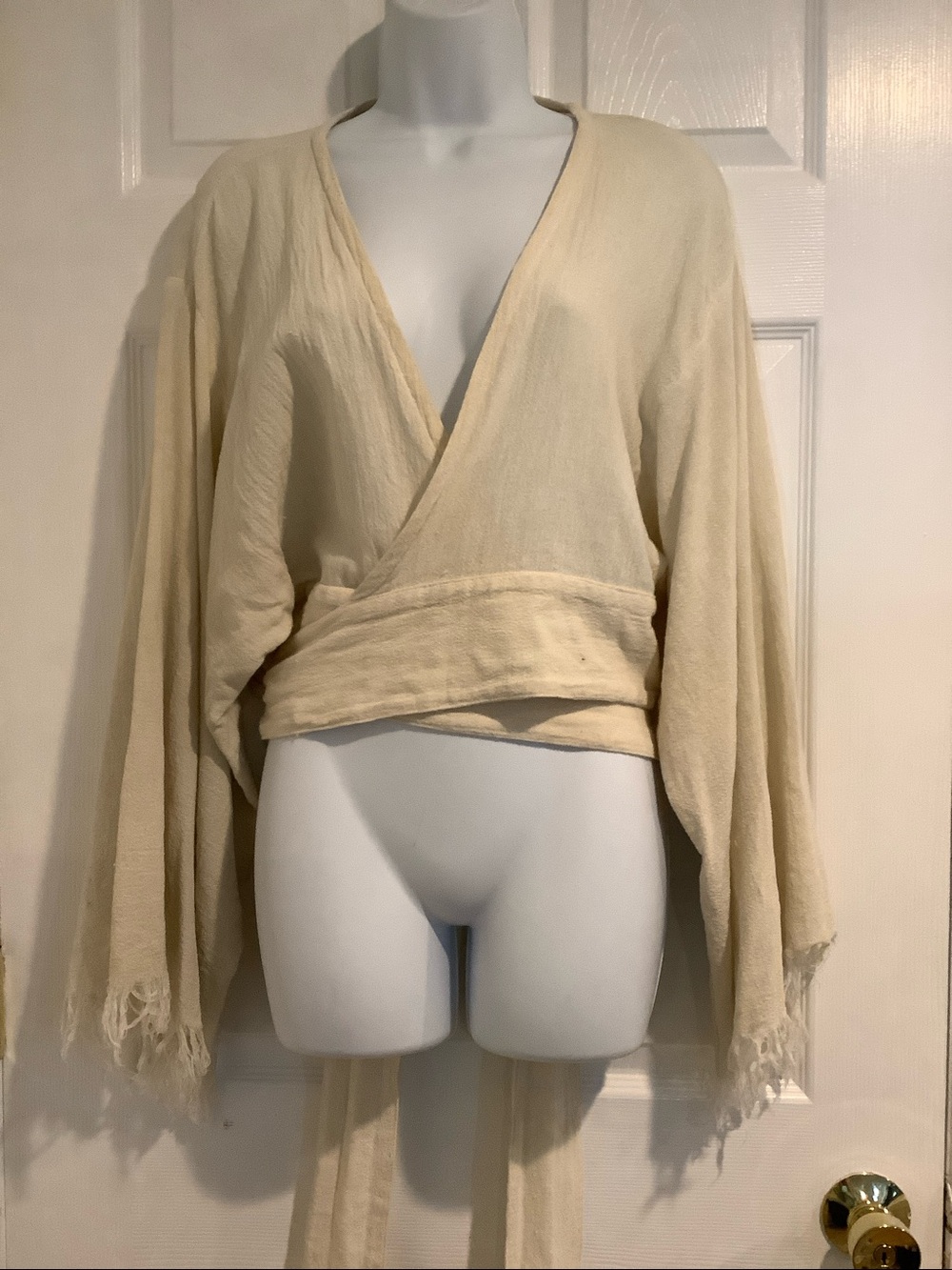 CHINTAMANI Cream 100% Cotton Fringe Indie Open Tie Front Bohemian Top/Jacket M - Picture 4 of 8